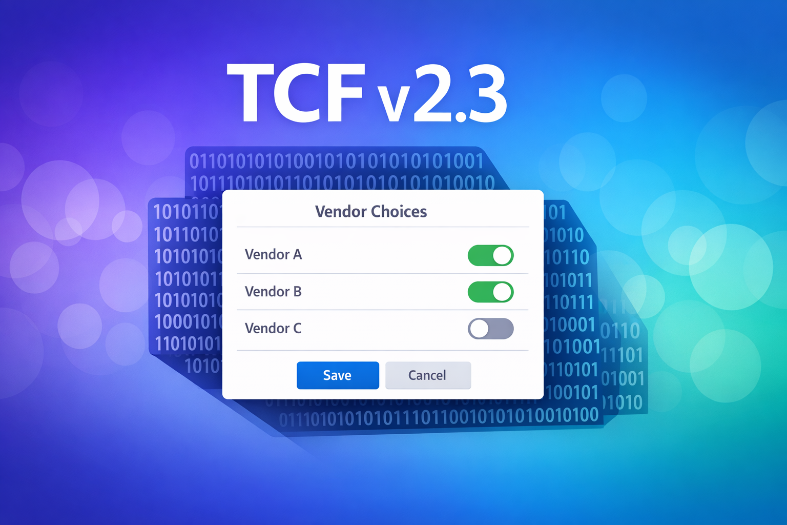IAB TCF v2.3 consent popup showing vendor choices with toggle controls and binary data encoding in the background