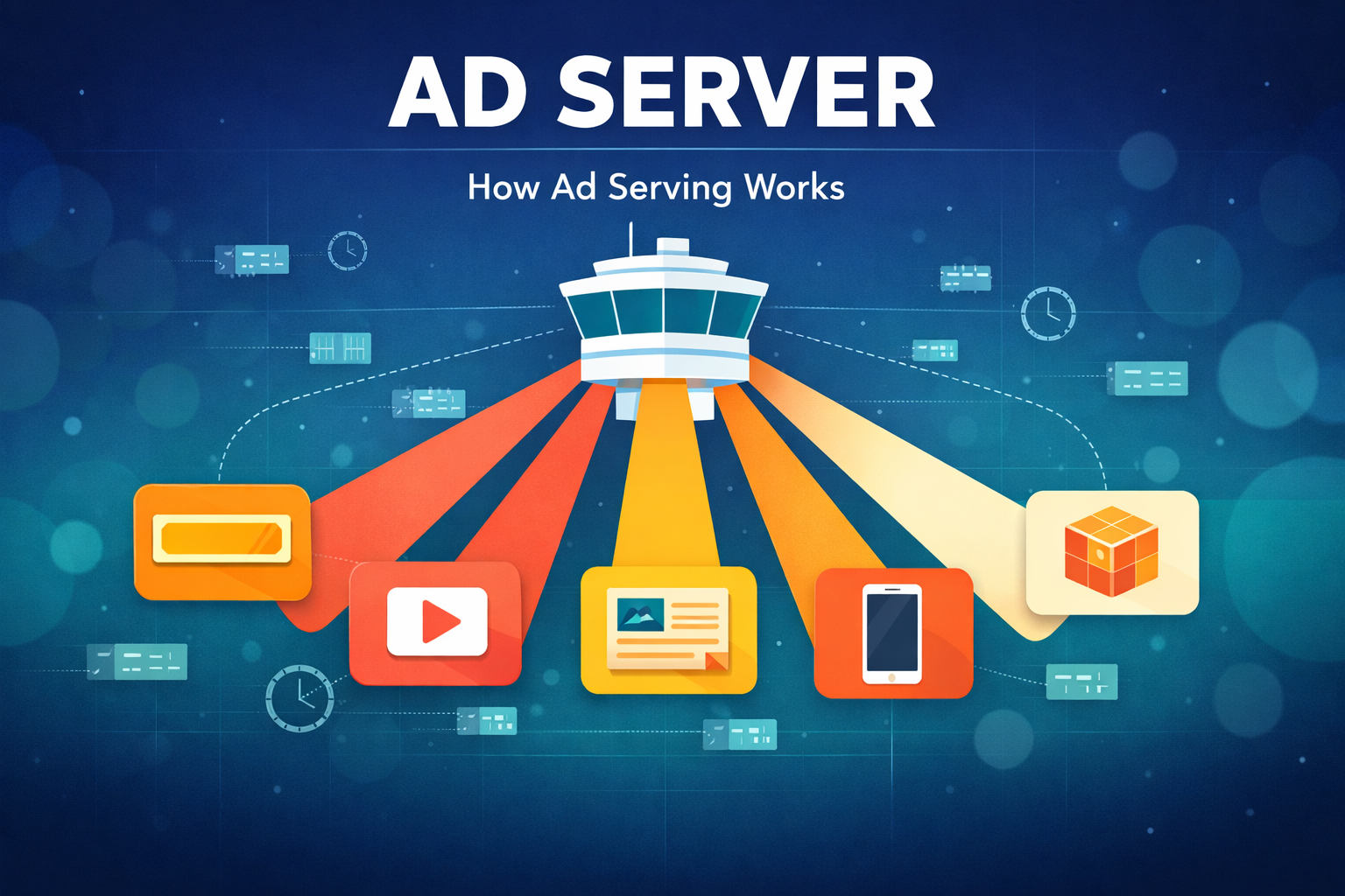 Ad server control tower illustration showing how ad serving directs different ad formats to their destinations