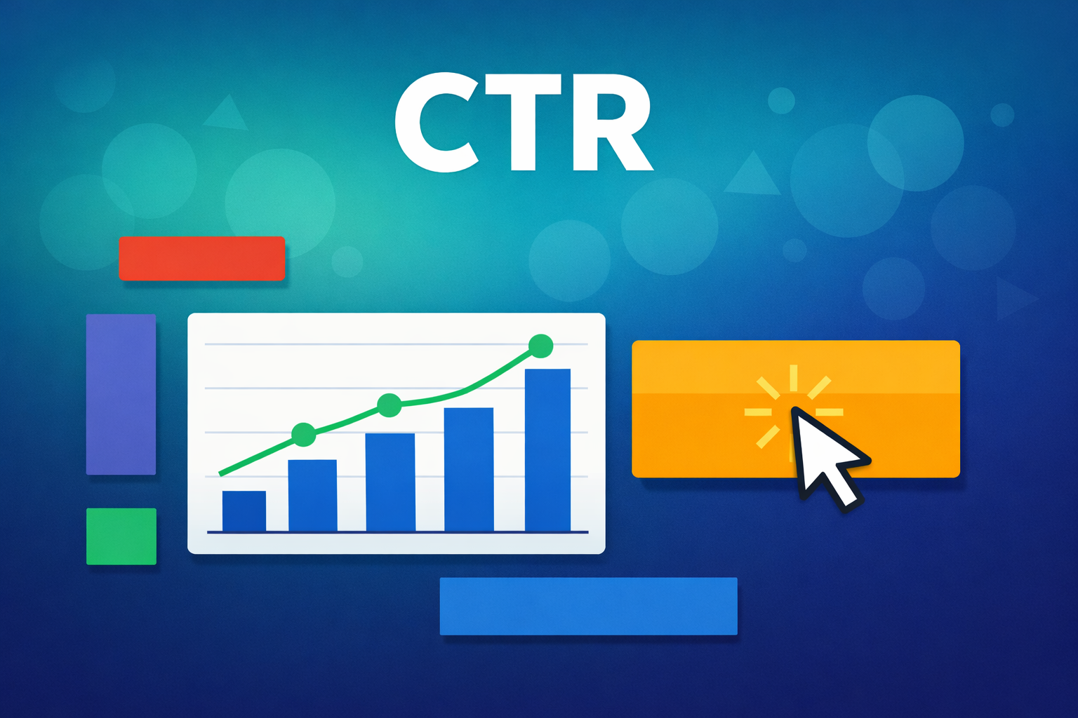 CTR analytics dashboard showing click-through rate metrics with upward trend chart and cursor clicking an ad unit