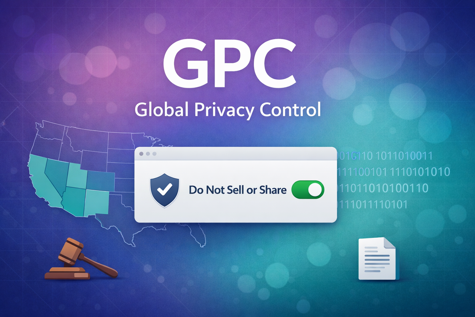 Global Privacy Control (GPC) browser signal with Do Not Sell or Share toggle, US map, and compliance icons