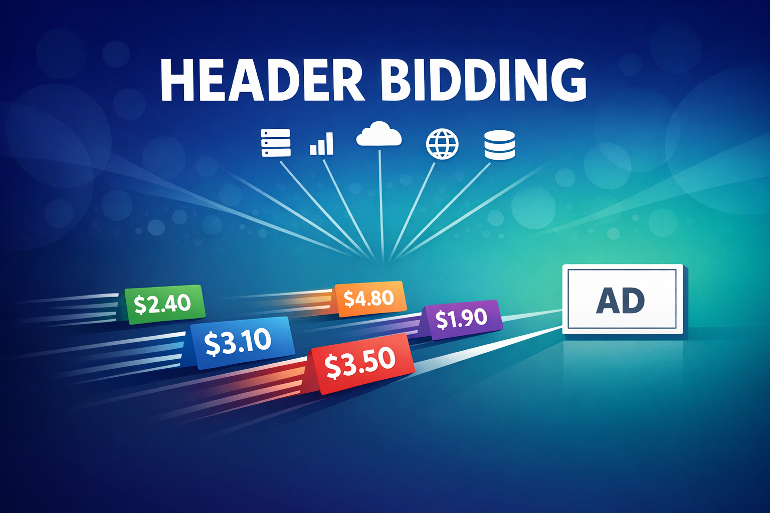 Header bidding concept illustration showing multiple bid amounts competing simultaneously for a single ad slot, representing the simultaneous auction that replaced the waterfall model
