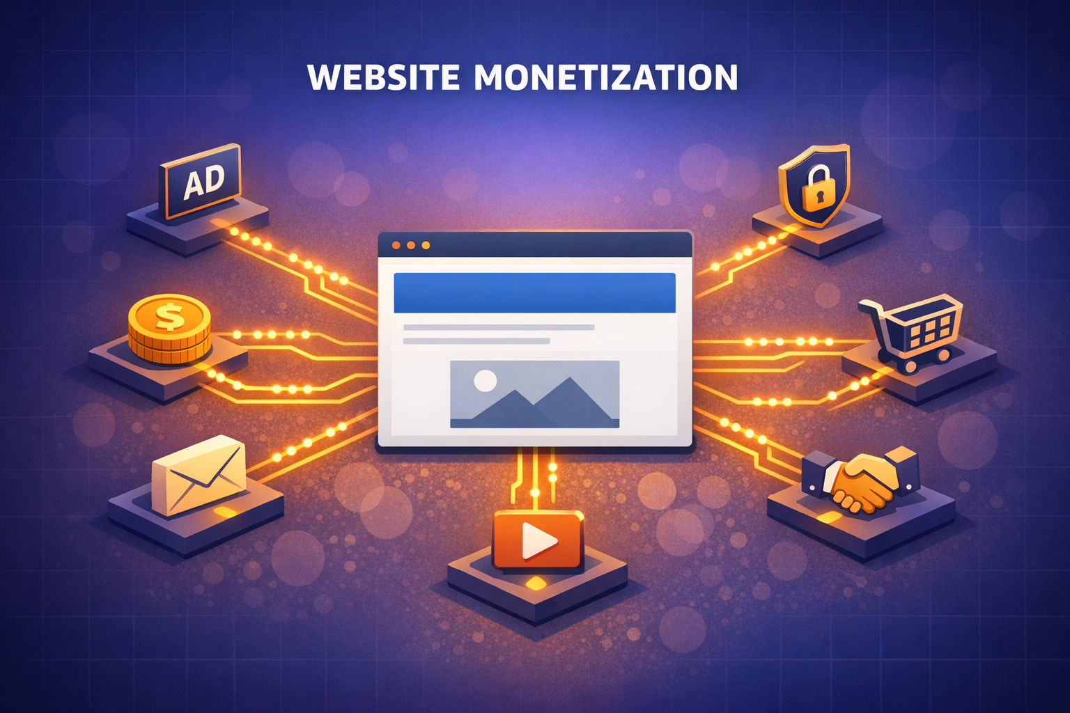 Isometric illustration of website monetization ecosystem showing a central website with glowing pathways connecting to revenue channels including display ads, subscriptions, e-commerce, email, direct deals, and video