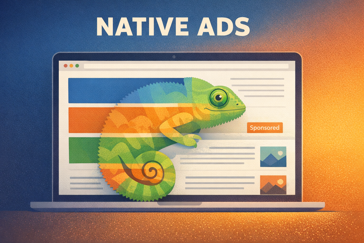 Illustration of a chameleon blending into website content, representing how native ads match their surroundings