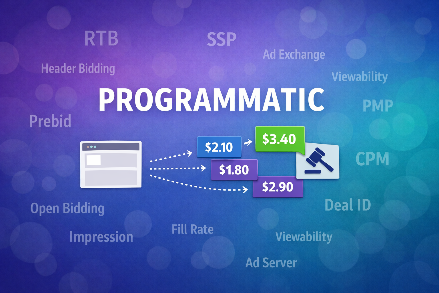 Diagram showing how programmatic advertising works - multiple demand sources bidding on ad impressions through real-time auctions
