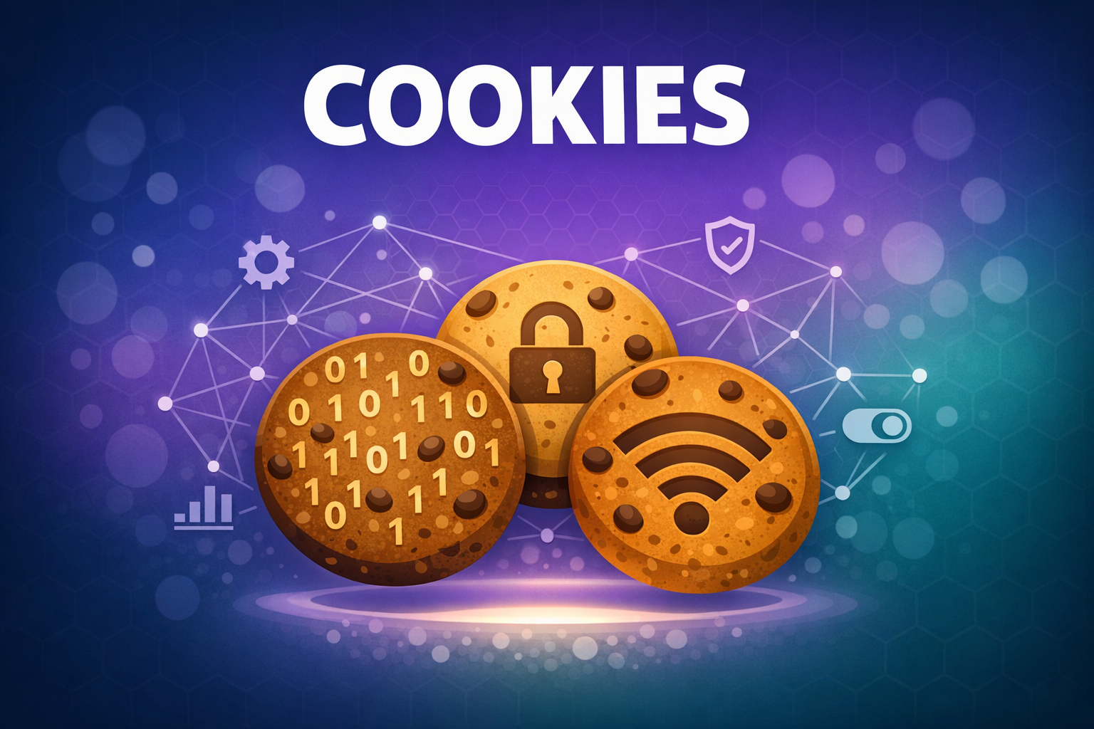 Illustration of three browser cookies with digital elements - binary code, a padlock, and a wi-fi icon - representing website cookies, privacy, and connectivity