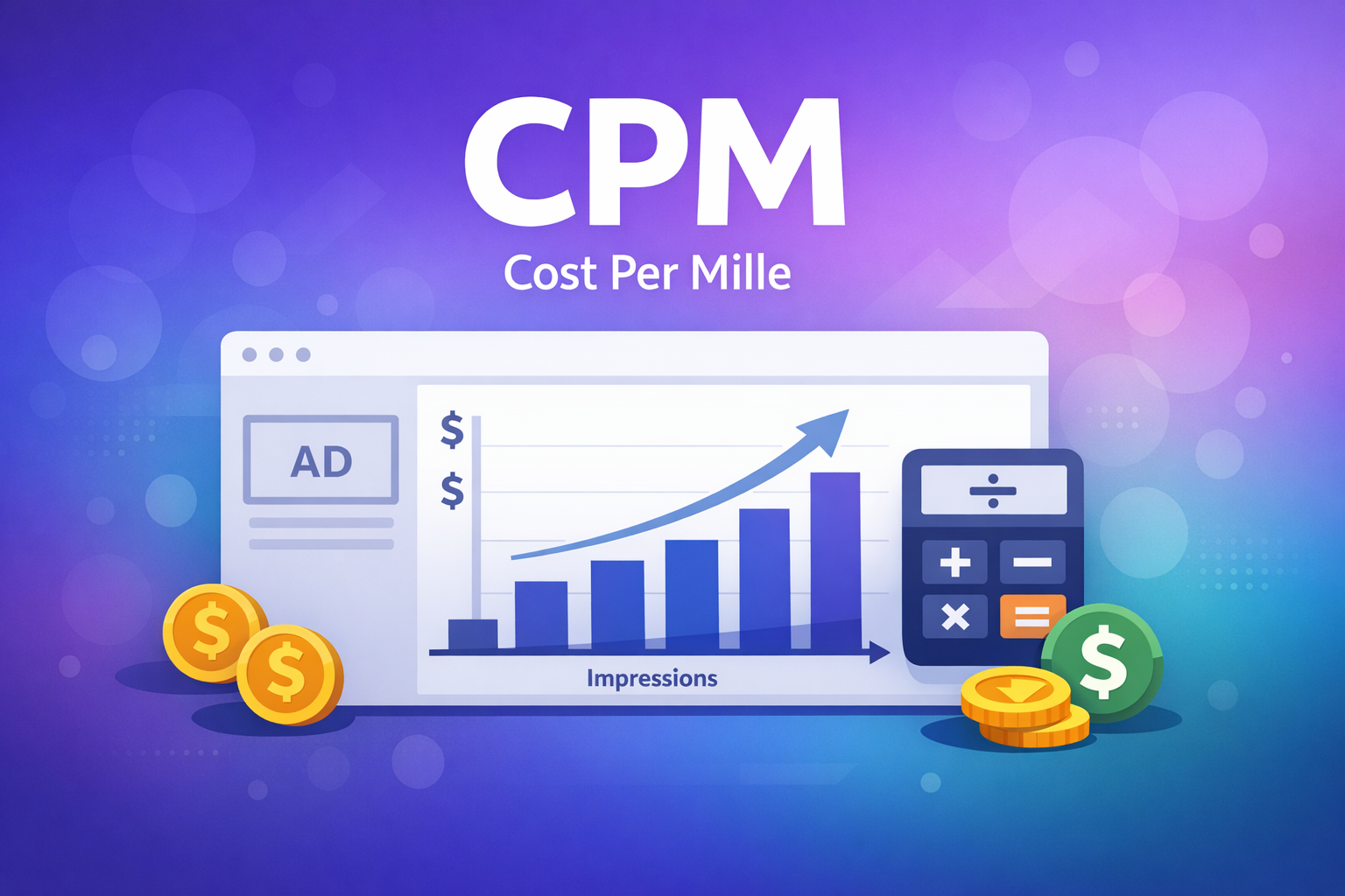 CPM (Cost Per Mille) concept illustration showing an analytics dashboard with growing bar chart, ad unit, calculator, and dollar coins on a purple gradient background