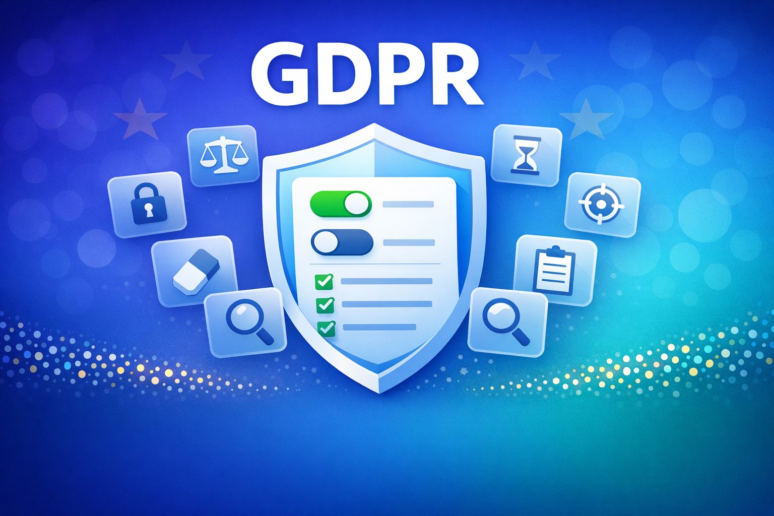 GDPR illustration showing a protective shield with consent toggles and a compliance checklist, surrounded by icons representing the seven GDPR principles, on a blue gradient background