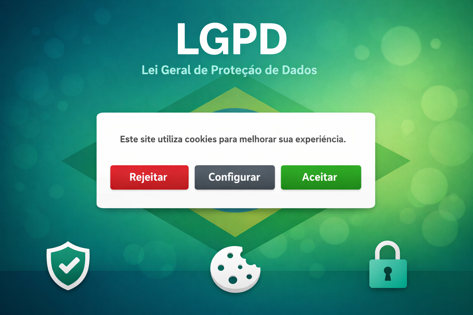 LGPD cookie consent banner in Portuguese with three equal buttons - Rejeitar, Configurar, Aceitar - showing Brazil data protection compliance