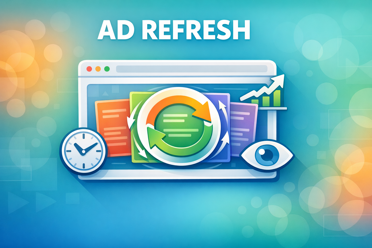 Ad refresh concept showing a browser window with rotating ad creatives, a clock, revenue chart, and viewability eye icon