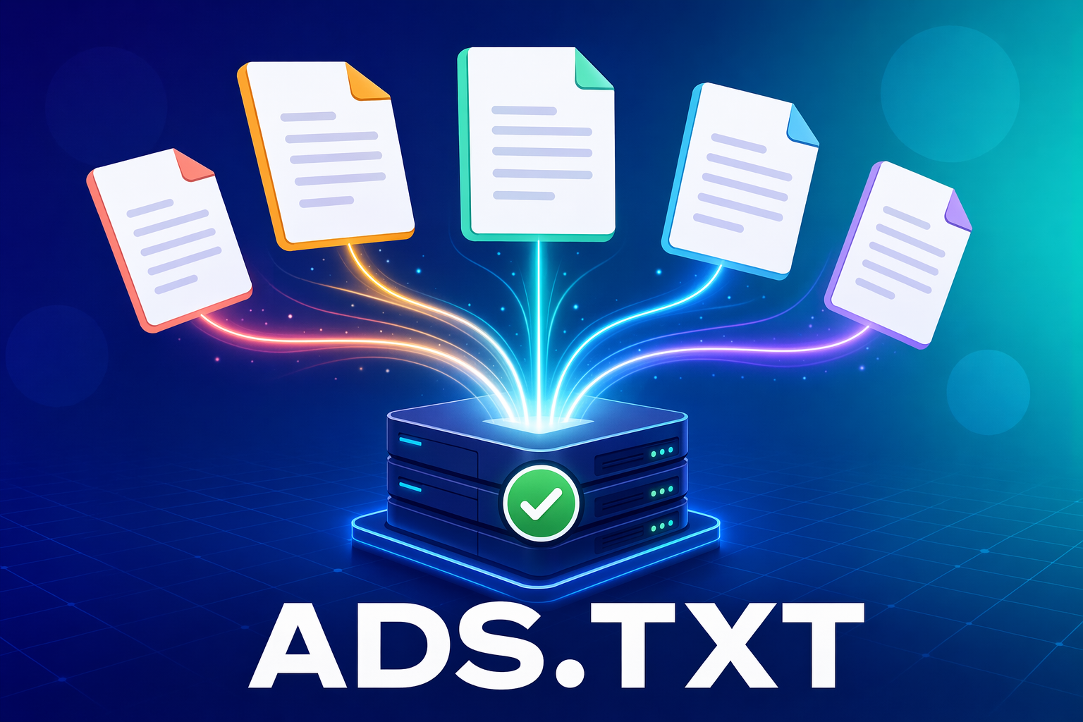 Multiple Ads.txt files from different websites converging into a central server platform through delegation